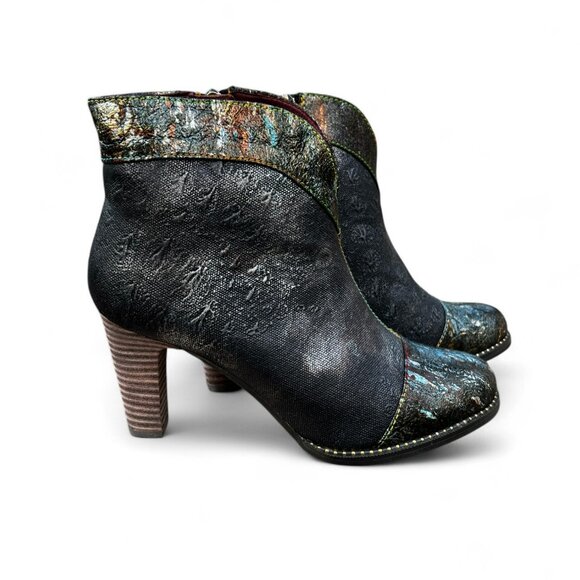 L'ARTISTE SPRING STEP Eleni Black Metallic Embossed Leather Bootie size 37EU - Picture 2 of 13
